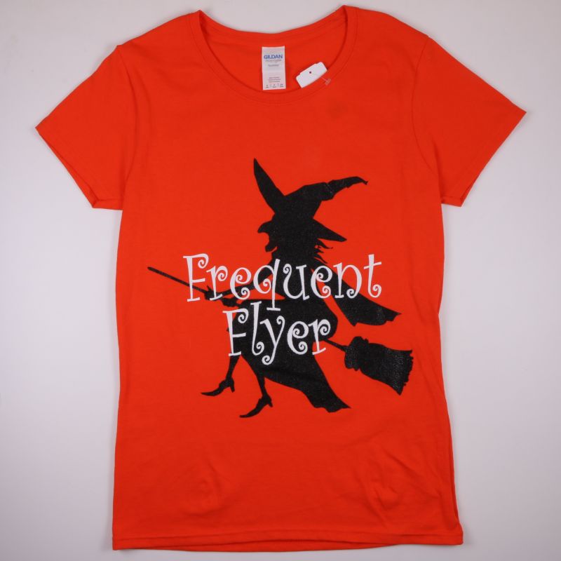 Picture of Womens Holiday Orange Halloween Witch Frequent Flyer Shirt Medium